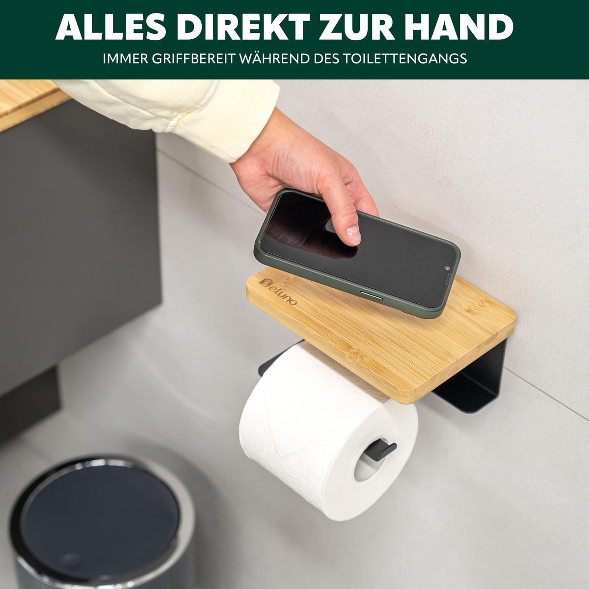 TOILETTENPAPIERHALTER VARAZ mit Ablage, Metall und Bambus - Schwarz, Metall (18/9.5/13cm) - eluno