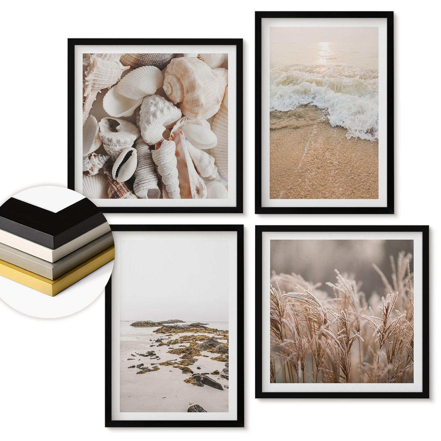 WANDBILDER 4er-Set - 50x50 cm & 40x60 cm Schwarzer Rahmen - Strandgras, Wellen, Steine, Boho-Stil - Schwarz, Kunststoff (50/50cm) - ArtPrintCave