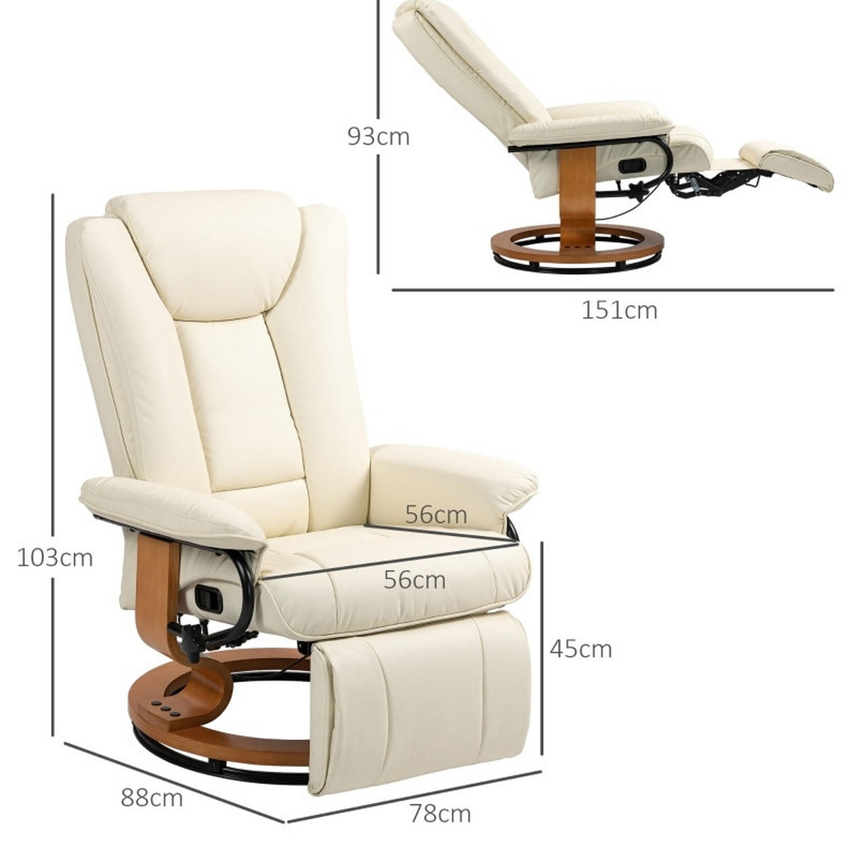RELAXSESSEL Kunstleder mit Liegefunktion, Fußstütze 78/88/103 cm Cremeweiß - Creme, Kunststoff (88/103/78cm) - Redom