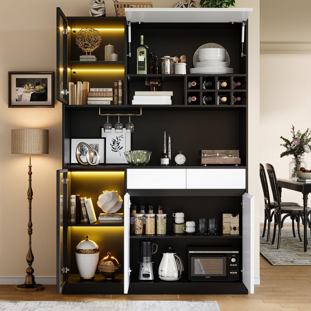 KÜCHENSCHRANK, MIT LED-BELEUCHTUNG, INTEGRIERTES WEINREGAL, MDF, Schwarz-Weiß, Modernes Wohnzimmer, 120/180/35 cm - Schwarz, Kunststoff (35/180/120cm) - Rolipo