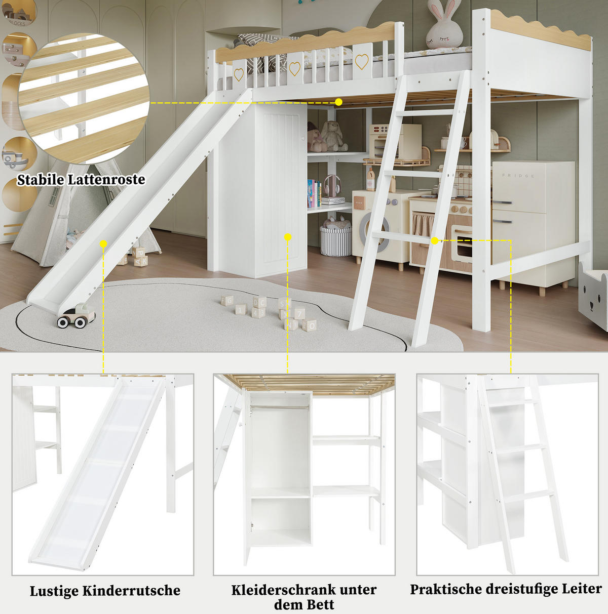 HOCHBETT 90/200 cm Weiß Natur mit Kinderrutsche, Kleiderschrank und Ablageschrank ohne Matratze - Weiß, Holz (90/200cm) - MIVRAY