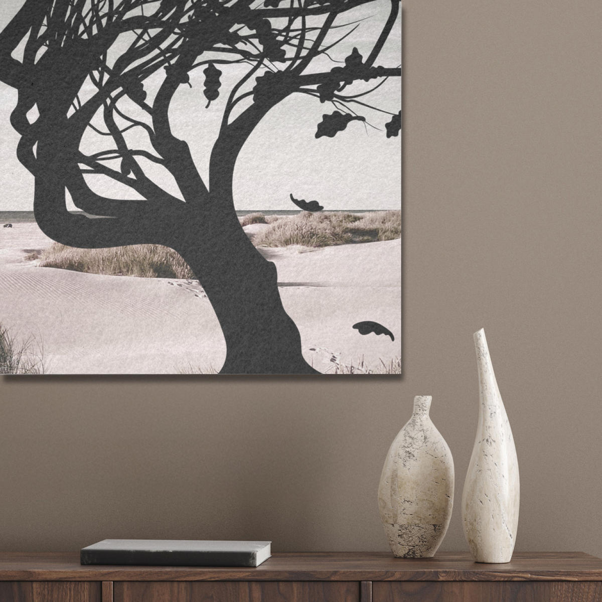 AKUSTIKPANEEL Strand - Meer - Menschen - Baum - Moderne Kunst 90x90 cm - Hellgrau, Textil (90/0.9/90cm) - MuchoWow