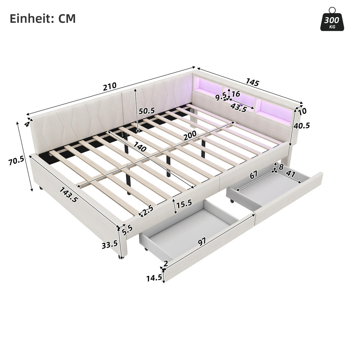 POLSTERBETT 140/200 cm Beige mit LED-Beleuchtung und Stauraum aus Leinen - Beige, Textil (140/200cm) - OKWISH