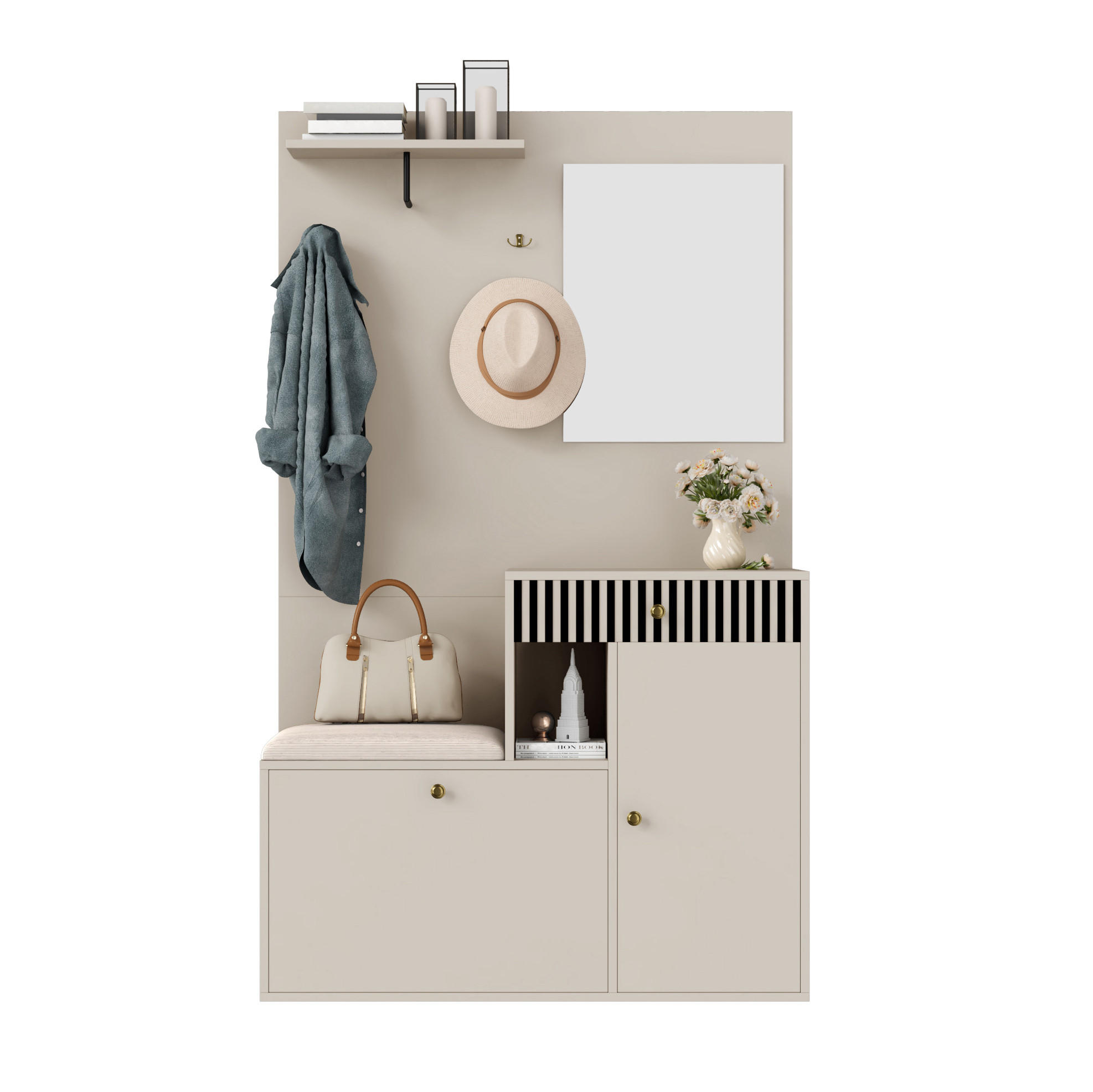 GARDEROBE 110/185,5/37 cm aus MDF mit Spiegel und Sitzfläche - Beige, Holzwerkstoff (37/185.5/110cm) - OKMYHOME