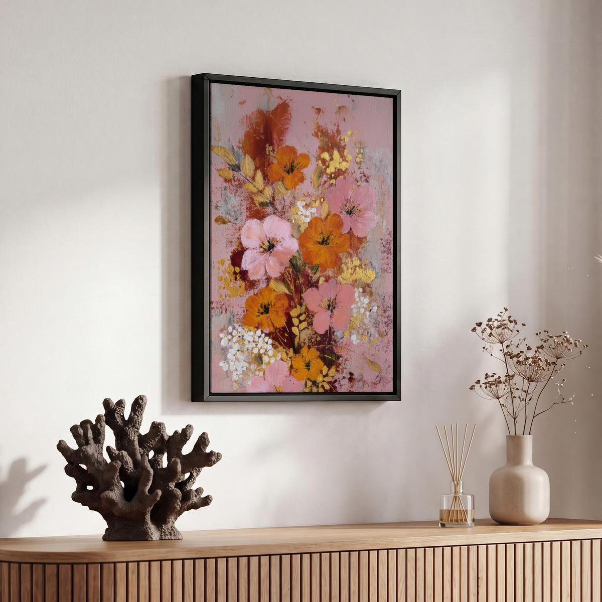 LEINWAND Bilder mit Rahmen - Malerei - Blumen - Rustikal - Rosa - 20x30 - Altrosa, Textil (20/30cm) - MuchoWow