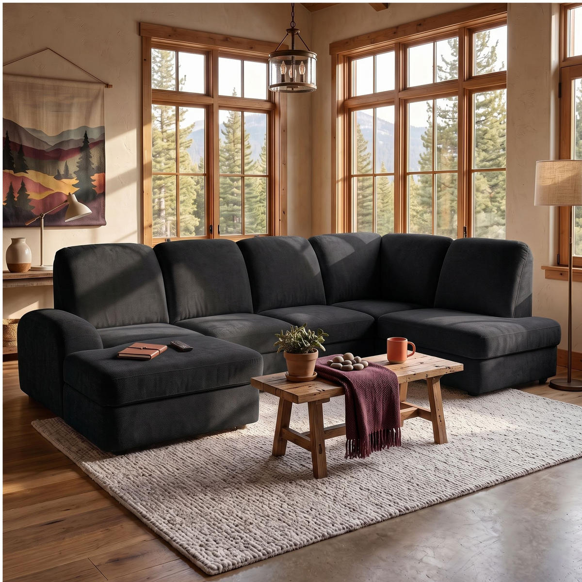 ECKSOFA VIBE U Rechts mit Schlaffunktion 129x263 Chenille Anthrazit - Anthrazit/Schwarz, Holz/Kunststoff (186/102/280cm) - Muffo