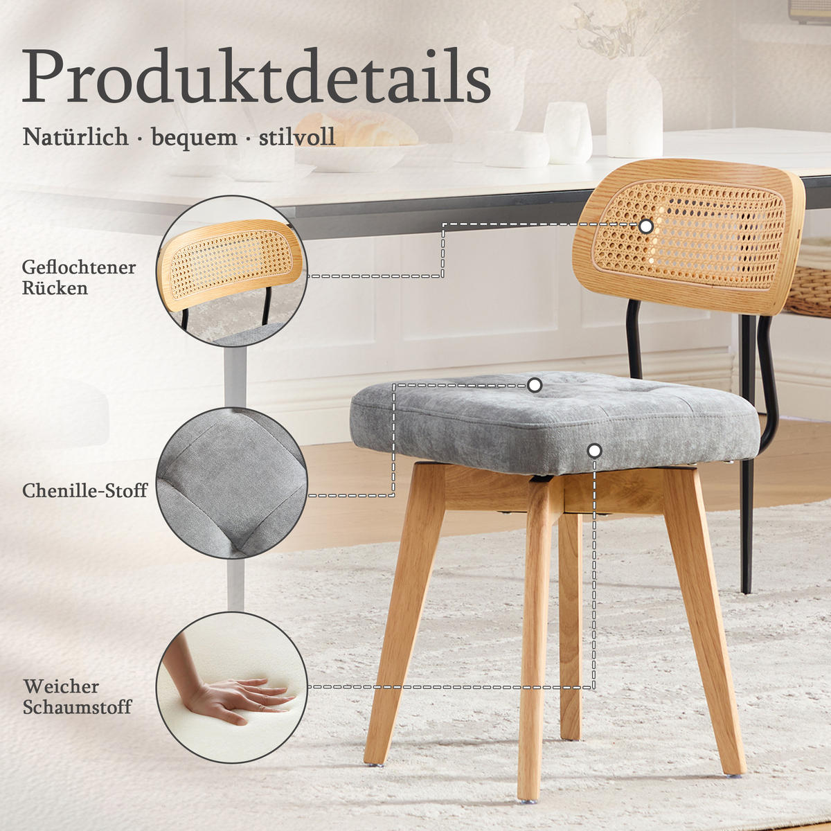 ESSZIMMERSTUHL 2er Set 360° drehbar, Wiener Geflecht, Chenille, Massivholz, Grau - Eichefarben/Grau, Holz/Textil (43/77/50cm) - LVHOM