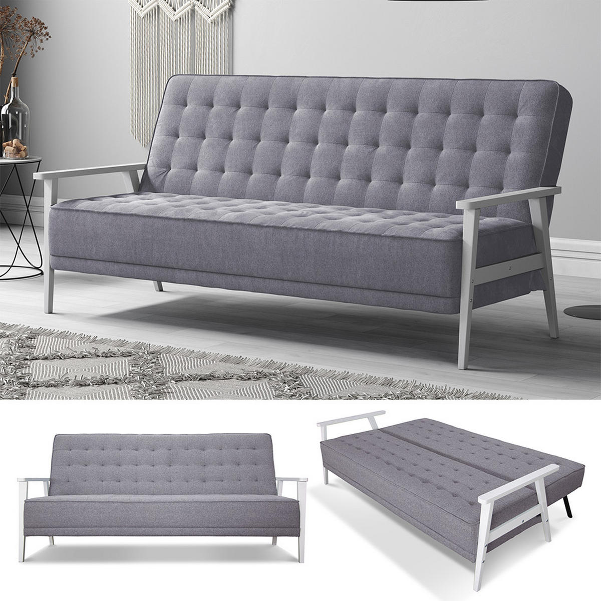 SOFA Dion Grau 202 cm mit Klappfunktion - Grau, Textil (202/95/95cm) - VitaliSpa