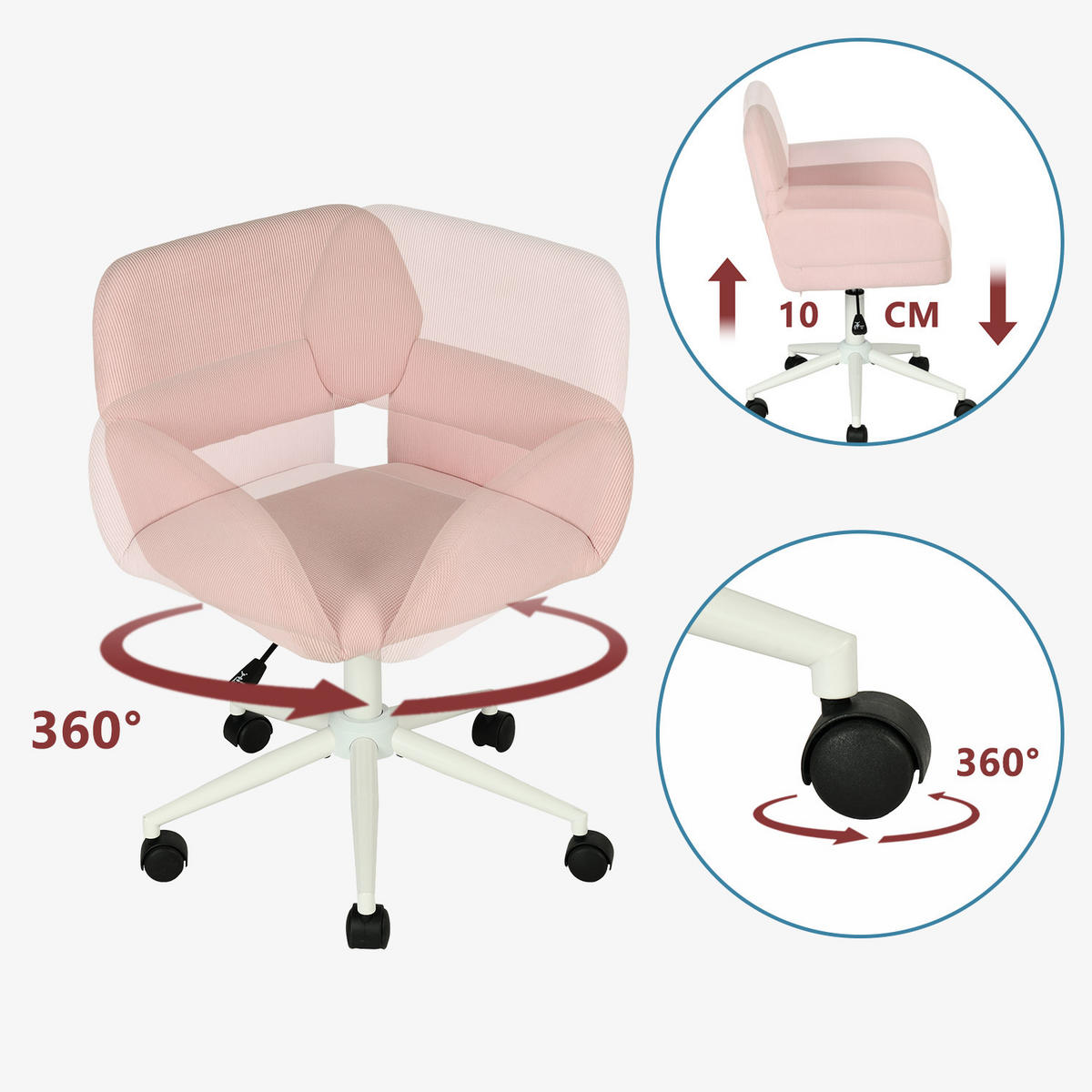 WEISSER Klapptisch & Rosa Cord-Stuhl Set - Pink, Metall (41/80/74cm) - Meubles Cosy