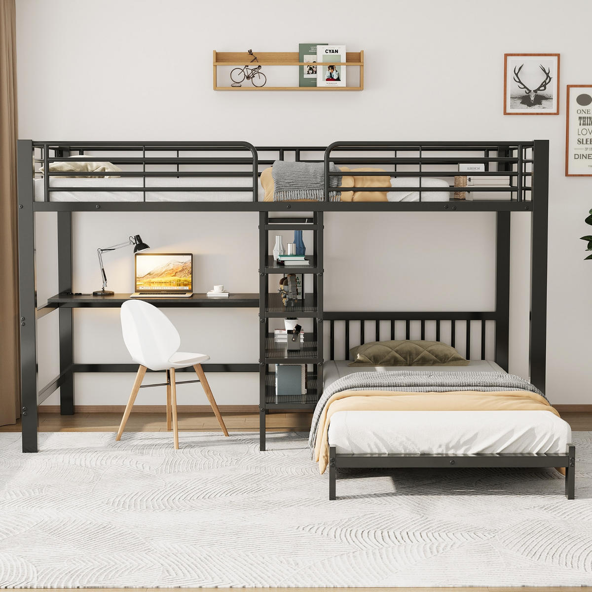 ETAGENBETT 90/200 cm Schwarz mit Schreibtisch, Kleideraufbewahrung, USB- und Type-C-Schnittstelle - Schwarz, Metall (90/200cm) - Oxeza