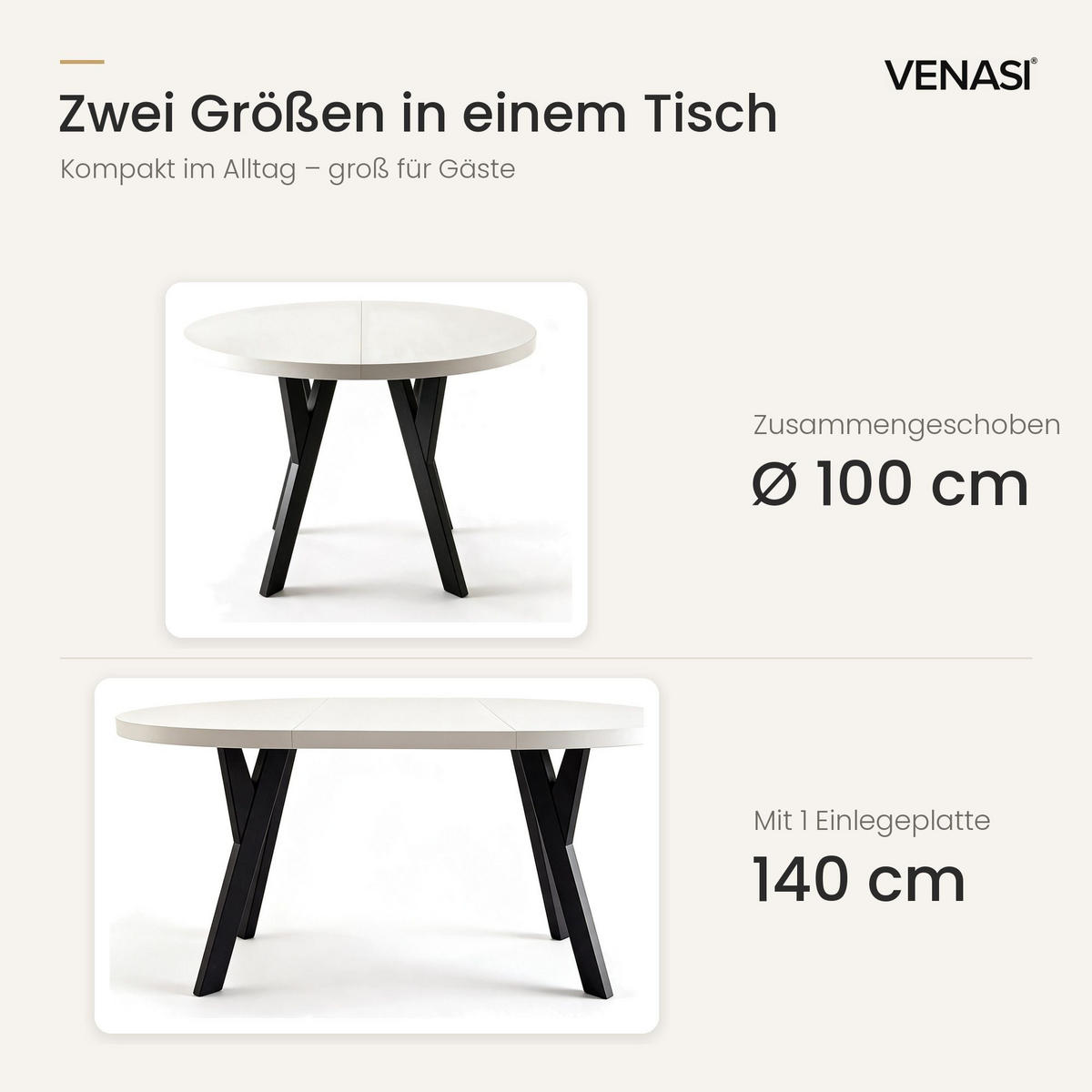 ESSTISCH ausziehbar rund 100-140 cm ATO Weiß, Auszugstisch mit Einlegeplatte - Schwarz/Weiß, Holzwerkstoff (100/100/77cm) - VENASI MÖBEL