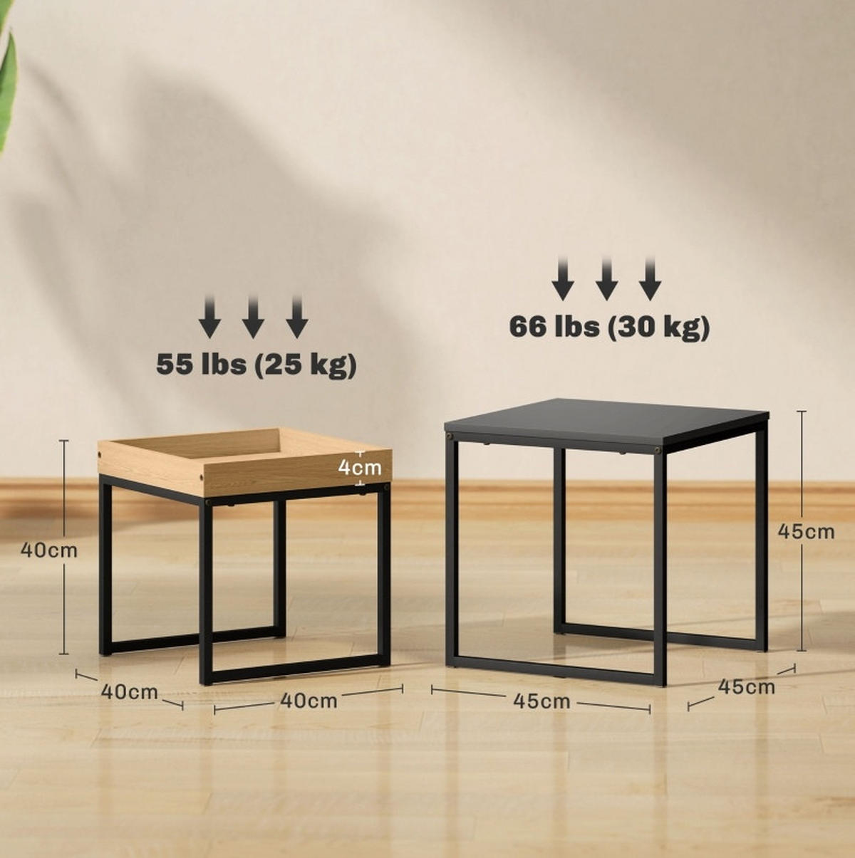 COUCHTISCH-SET 45/45/45 cm und 40/40/40 cm mit abnehmbarem Tablett und ineinanderschiebbarer Funktion, Schwarz - Schwarz, Metall (45/45/45cm) - Redom