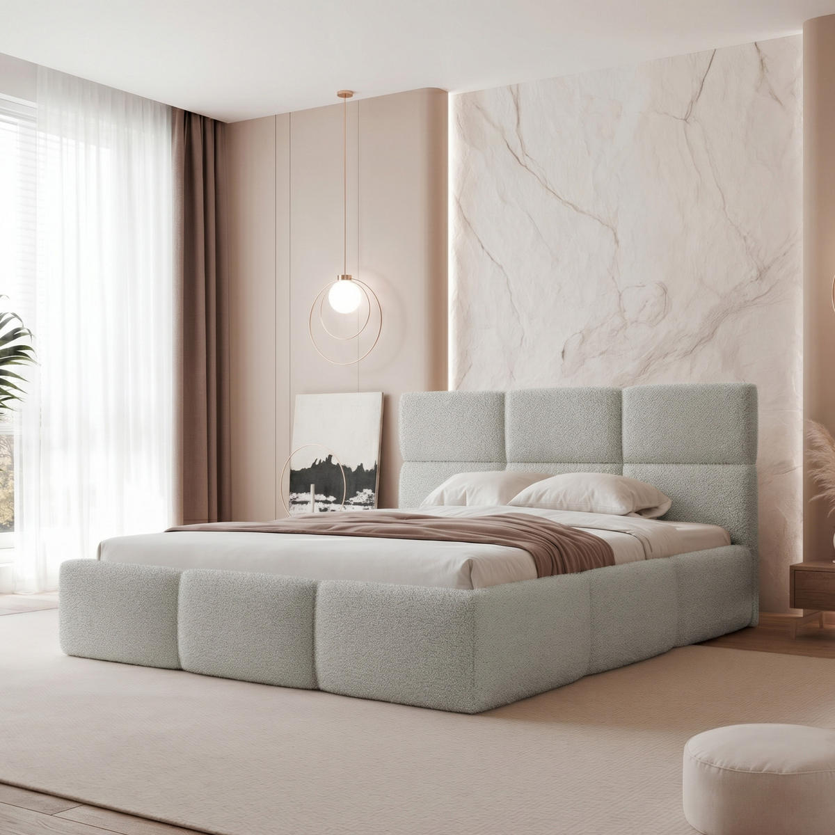 POLSTERBETT VIVIEN 140x200 cm Platingrau Bouclé (Stoff Coral) - mit Bettkasten und Lattenrost - Hellgrau, Holzwerkstoff/Textil (140/200cm) - Ravio
