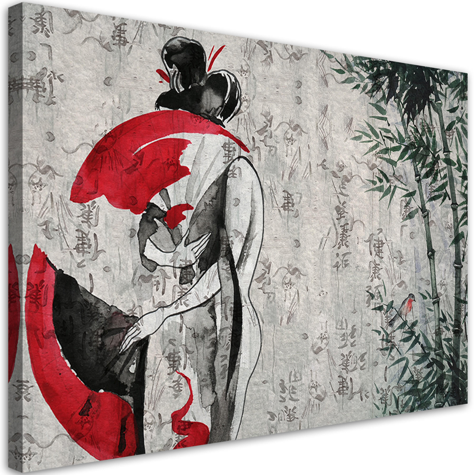 WANDBILD japanische geisha mit einem fan - Rot, Textil (60/40cm) - Feeby