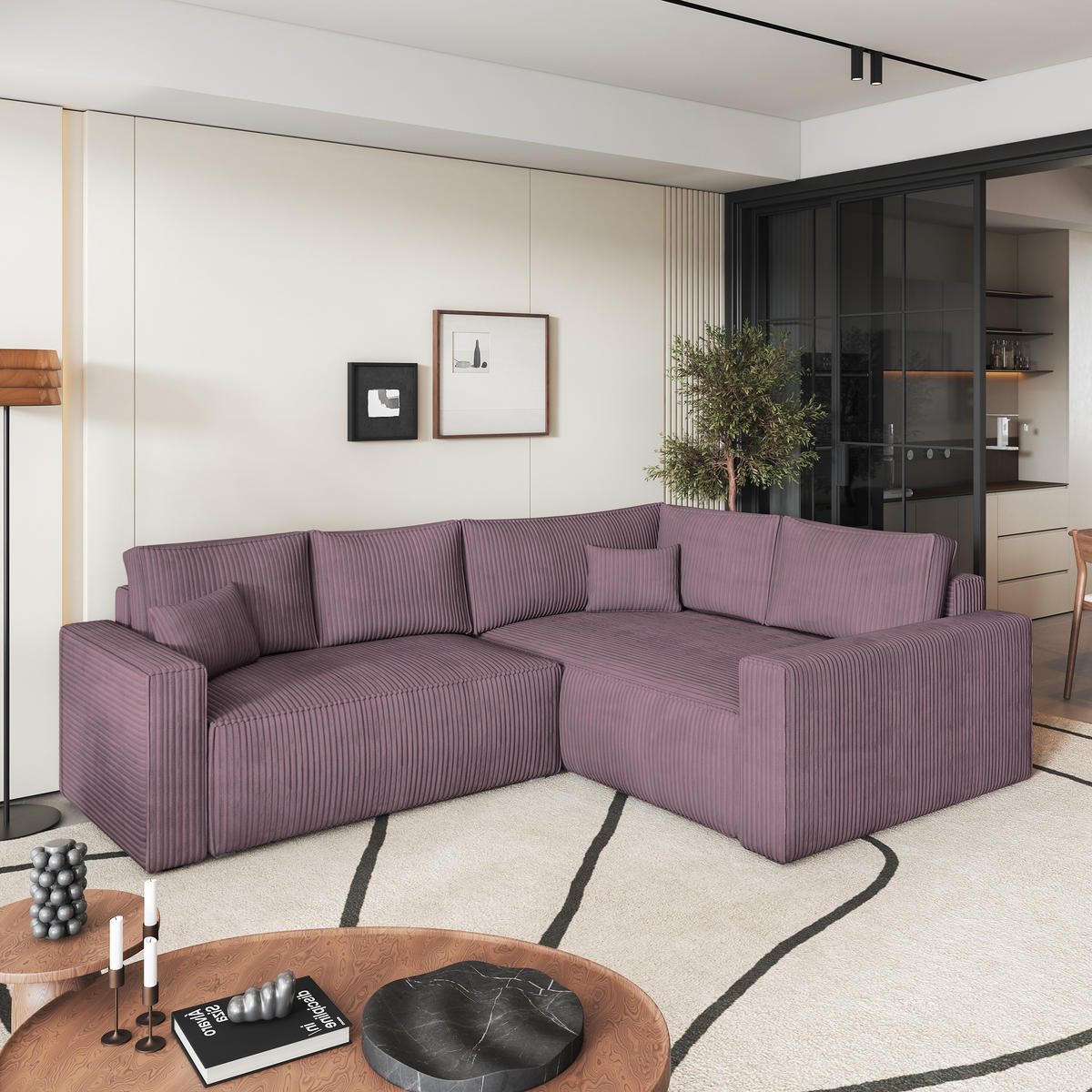 ROHOVÁ SEDAČKA ERONIS šeříková - šedá/šeříková, dřevo/textil (265/194cm) - MASSENO