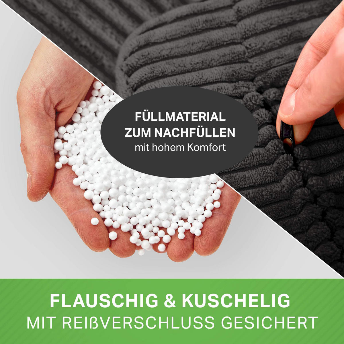 LOUNGE-SITZSACK Cozy + Fußhocker - Schwarz, Textil (80/90/90cm) - Green Bean