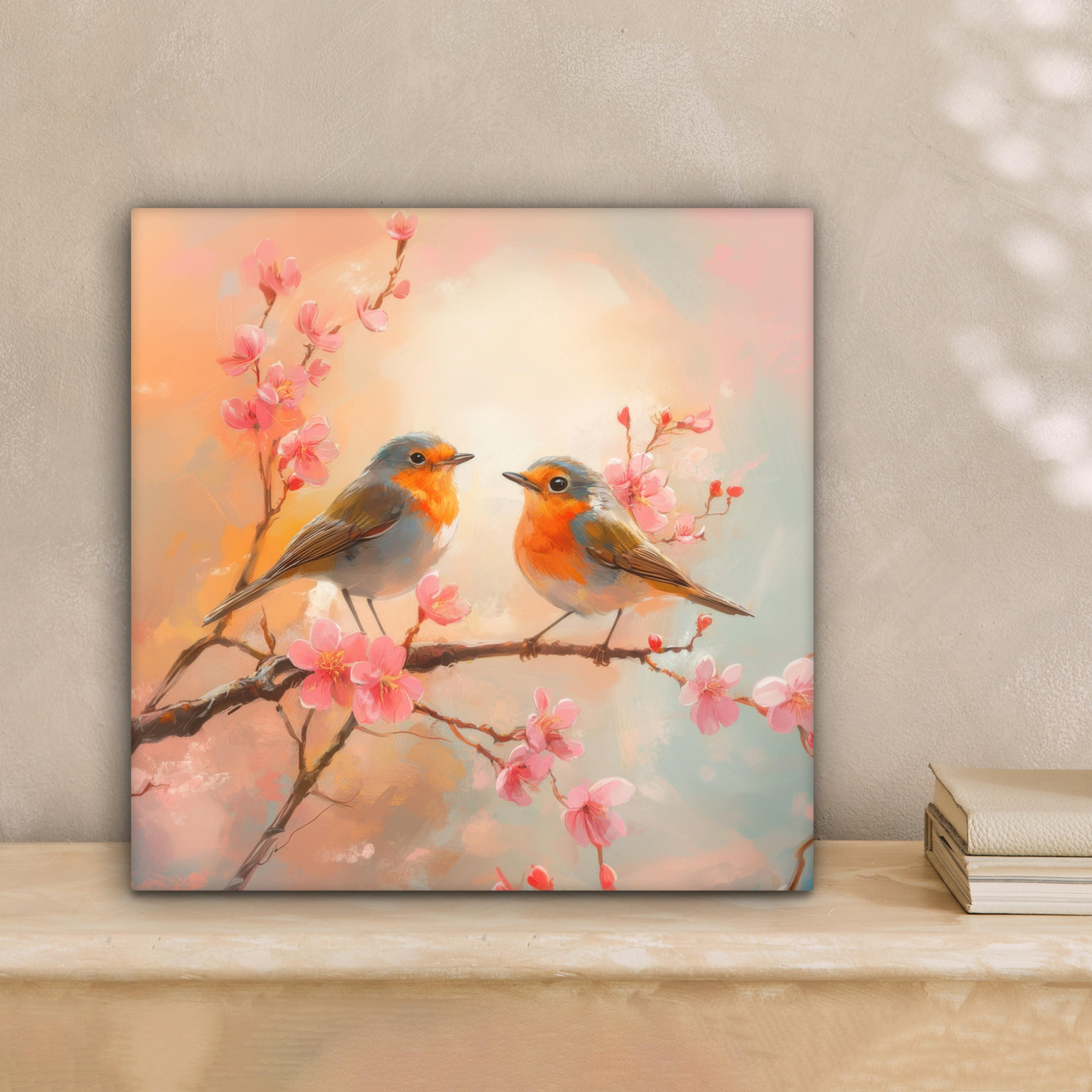 LEINWANDBILD Rotkehlchen - Zierpflanze - Blütenzweig 20x20 cm - Hellrosa, Textil (20/20cm) - MuchoWow