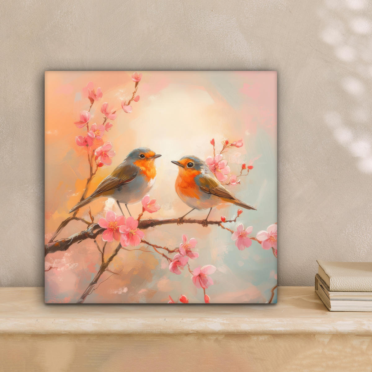 LEINWANDBILD Rotkehlchen - Zierpflanze - Blütenzweig 20x20 cm - Hellrosa, Textil (20/20cm) - MuchoWow