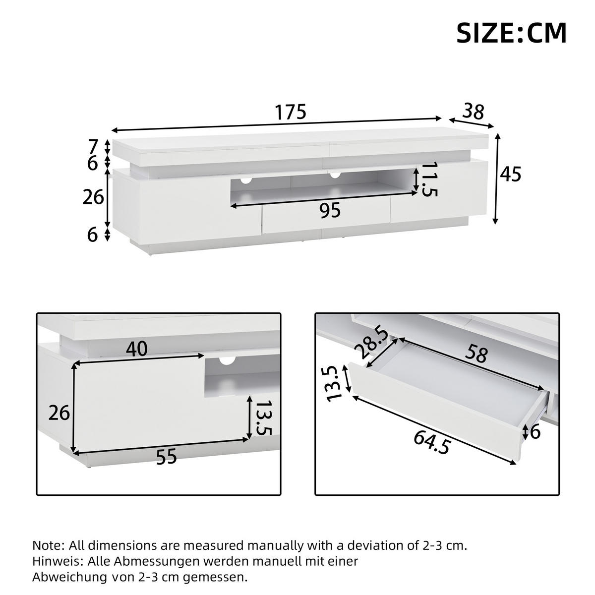 TV-LOWBOARD 175x38x45 cm Weiß Hochglanz LED 2 Schränke 1 Schublade - Weiß, Holzwerkstoff (38/45/175cm) - FLIEKS