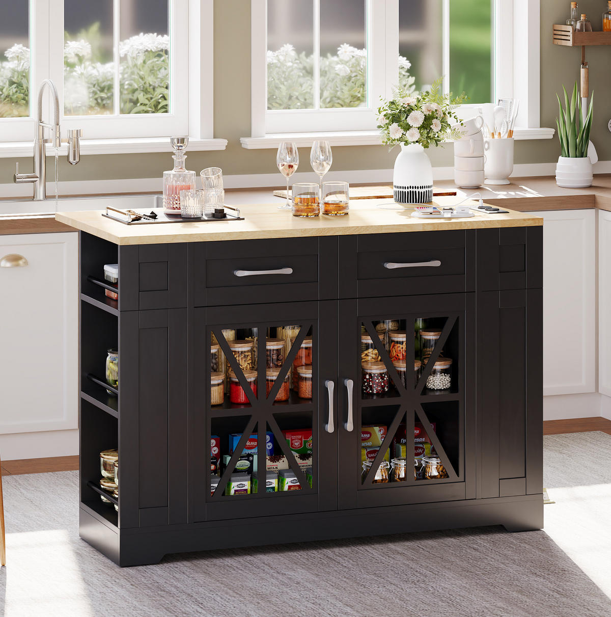 KÜCHENINSEL mit Klapptisch 120 x 40/65 x 92 cm MDF Black/Natural - Schwarz, Holz (65/92/120cm) - Beauniv