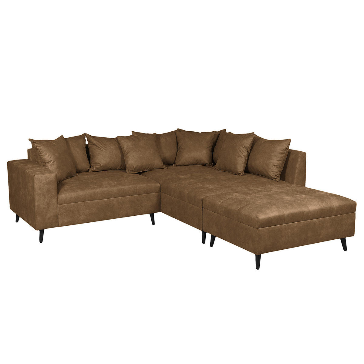 ECKSOFA mit Ottomane und Hocker - Schwarz/Braun, Birkenholz/Textil (247/174cm) - home24