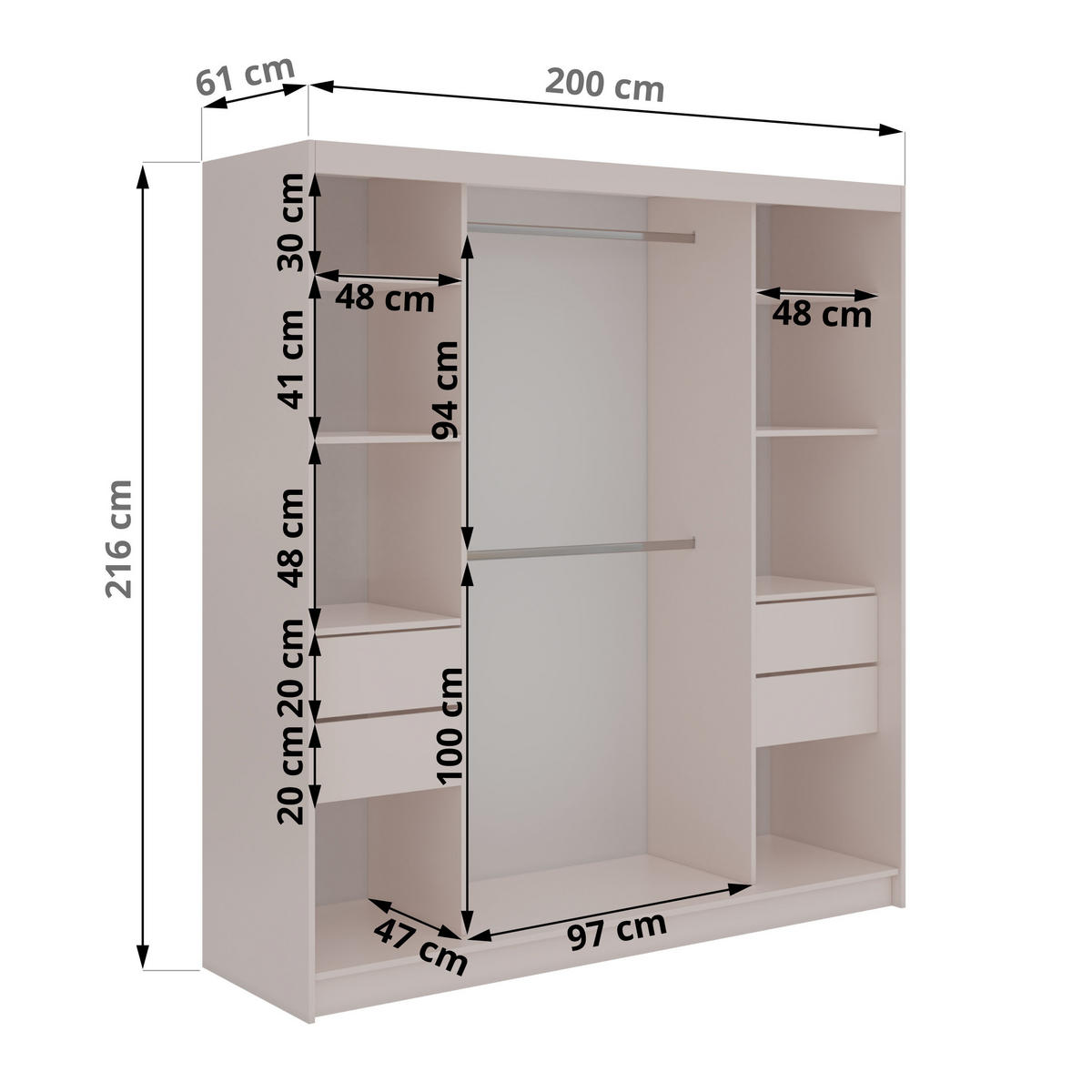 SCHWEBETÜRENSCHRANK mit Schubladen 200 - VERONA - Kaschmir mit Spiegel - Kaschmir/Alufarben, Holzwerkstoff/Metall (200/216/61cm) - MKS