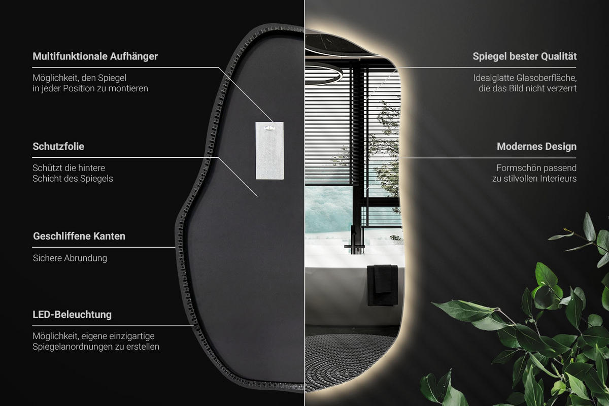 LED-SPIEGEL 80x52 cm Asymmetrisch Warmweiß 3000K - Transparent, Glas (52/80/0.4cm) - Wallfluent