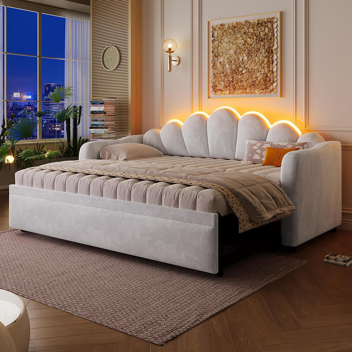POLSTERBETT 90x200 cm mit Ausziehfunktion und LED-Beleuchtung, Grau - Grau, Holz (90/200cm) - KOMHTOM