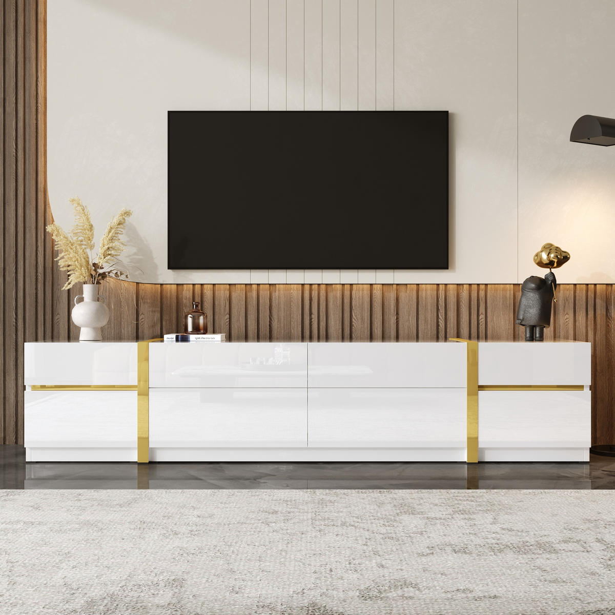 TV-SCHRANK Lowboard Hochglanz Goldkante Türen Schubladen - Weiß, Holz (180/38/40cm) - LEBENLANG