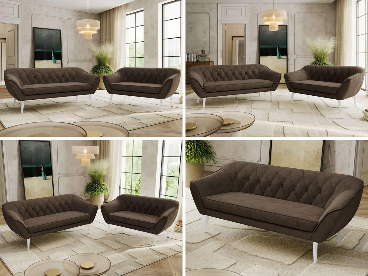 SEDACÍ SOUPRAVA 3+2 PIRS - Hnědá Samet - Bílé nohy - bílá/tmavě hnědá, kompozitní dřevo/textil (180/75/74cm) - MKS