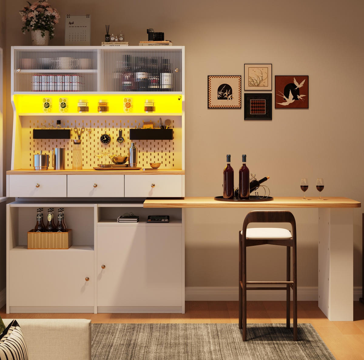BUFFET 137/45/178 cm aus MDF mit ausziehbarer Tischplatte und LED-Beleuchtung Weiß - Weiß, Holzwerkstoff (137/178/45cm) - Modenvie