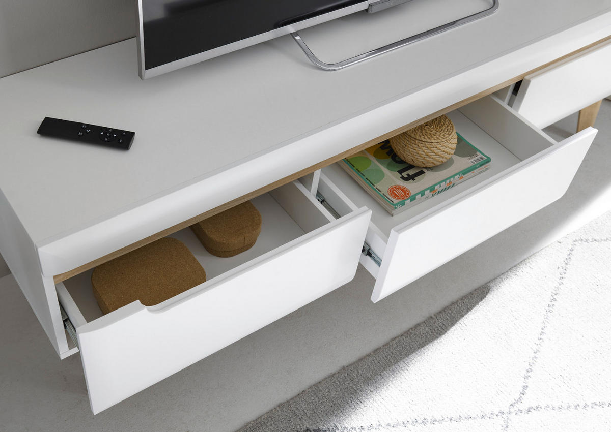 WOHNWAND 4-teilig weiß matt, Eiche, skandinavisch 360 cm, Schrankwand mit Soft-Close-Funktion - Eichefarben/Weiß, Glas/Eichenholz (360/197/40cm) - Furn.Design