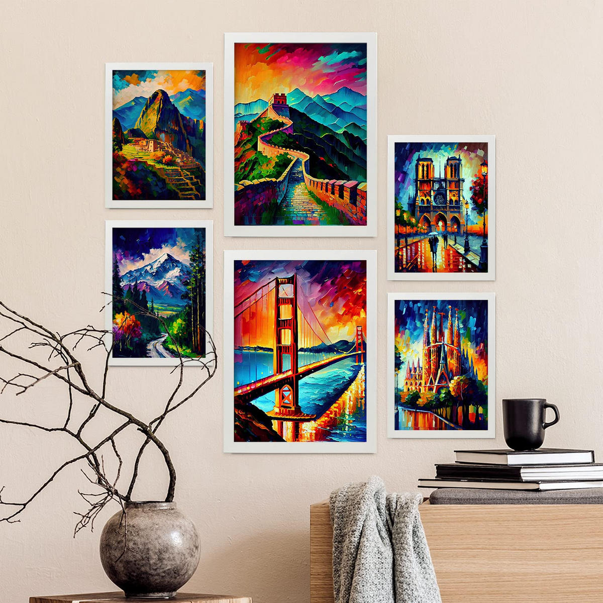 POSTER Set Mit 6 Weg Im Ölgemälde Stil A3 & A4 Weißer Rahmen - Weiß, Papier (29/3cm) - Nacnic