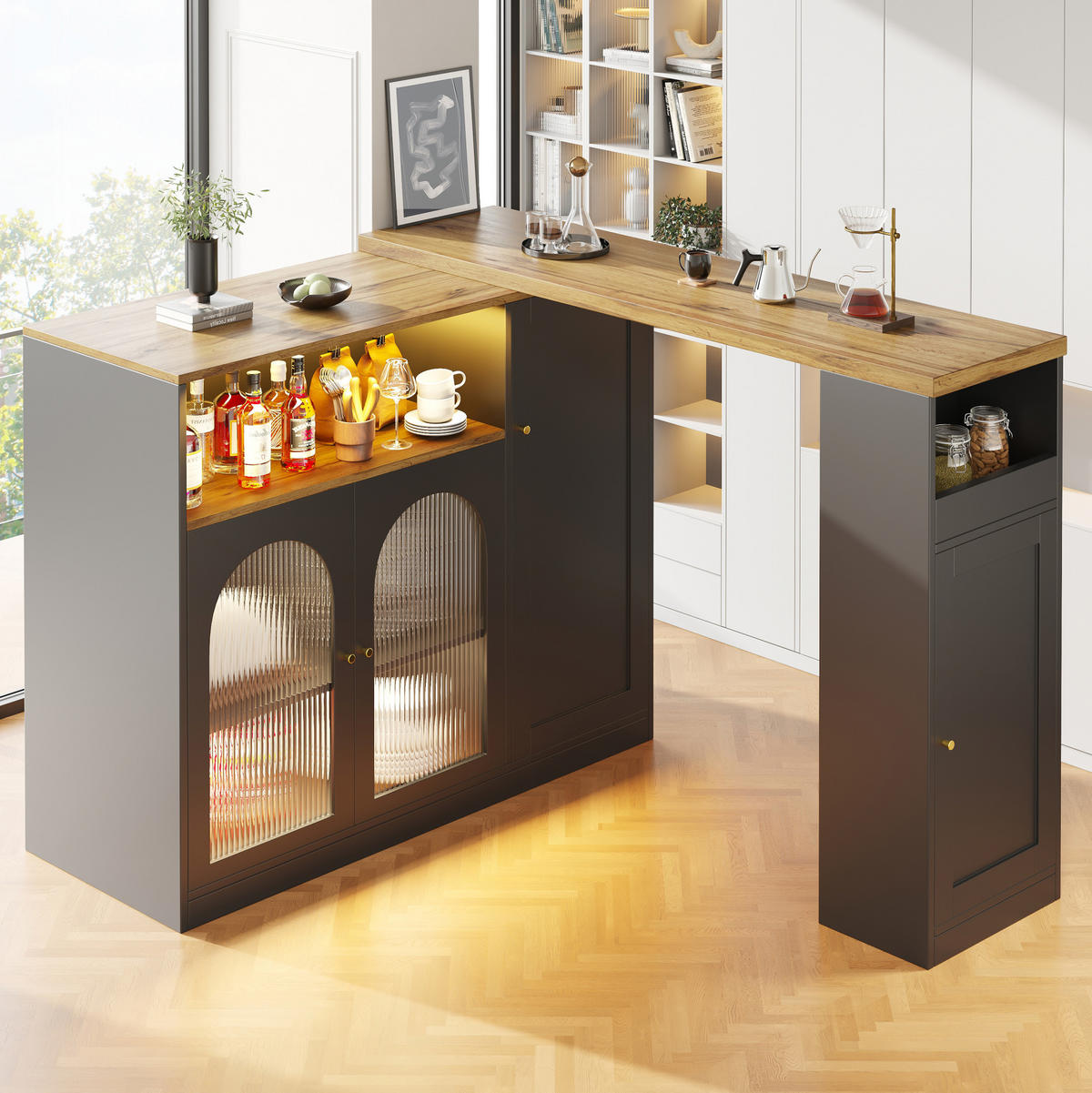 BARTISCH mit Stauraum 197/39,6/100 cm drehbar mit LED und Glasfront - Schwarz, Holzwerkstoff (108/39.6/97cm) - BEAOK