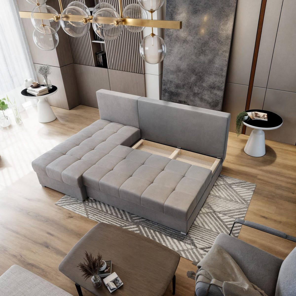 ECKSOFA RITA M Hellgrau Velours-Stoff mit Schlaffunktion - Hellgrau, Holz (200/141cm) - MASSENO