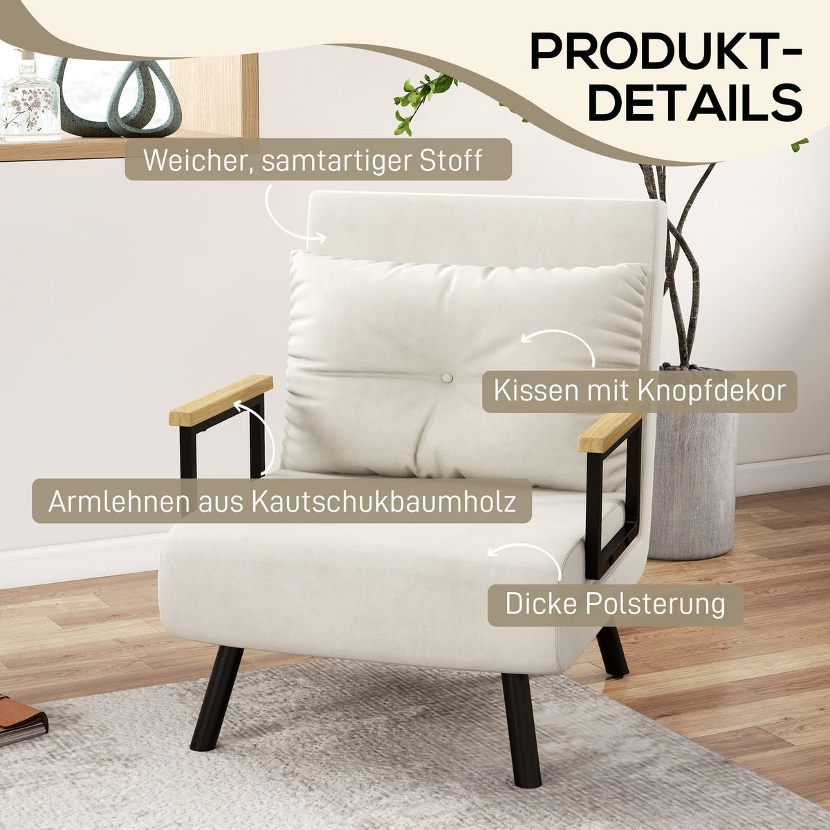 SCHLAFSESSEL DE-08258 mit Knopfheftung Cremeweiß - Creme, Metall (63/81/73cm) - ComfortXL