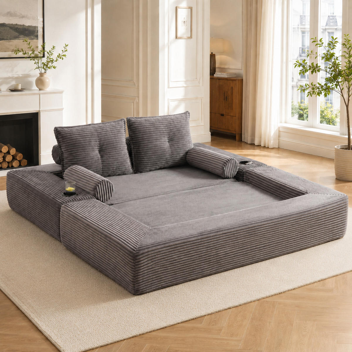 SCHLAFSOFA mit Klappfunktion, Memory-Kissen und Getränkehalter aus Cord - Dunkelgrau, Textil (180/80/98cm) - EVRYAE