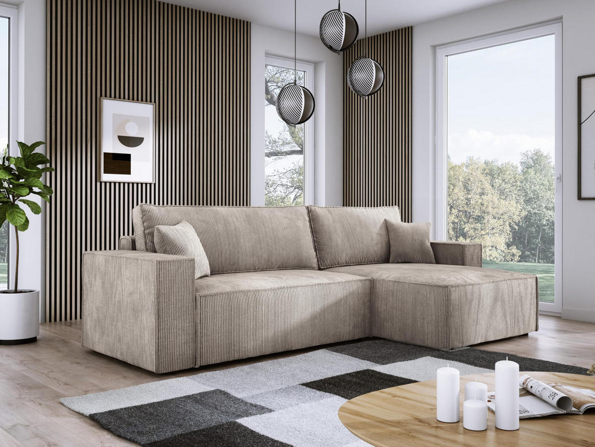 ECKSOFA POSO XL UNIVERSAL, Schlaffunktion und Lattenrost - L-Form, Cord, Federung auf Wellfedern, 274x143x83 cm, Rechts Beige - Beige, Holz/Textil (277/143cm) - DomoHome