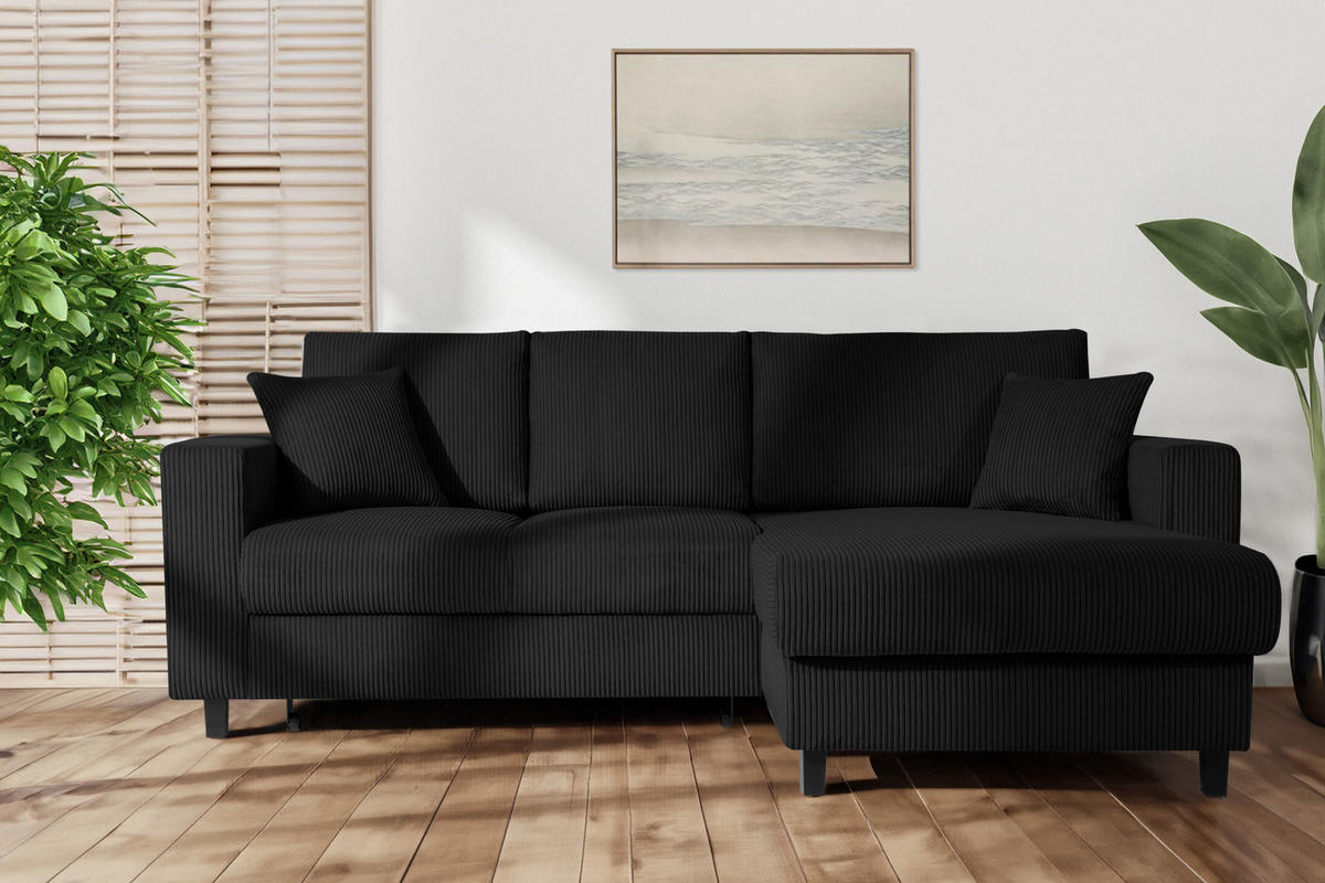 ECKSCHLAFSOFA EGRET Rechts mit Bettkasten, Cord-Stoff, schwarz - Schwarz, Textil (234/90cm) - KONSIMO®