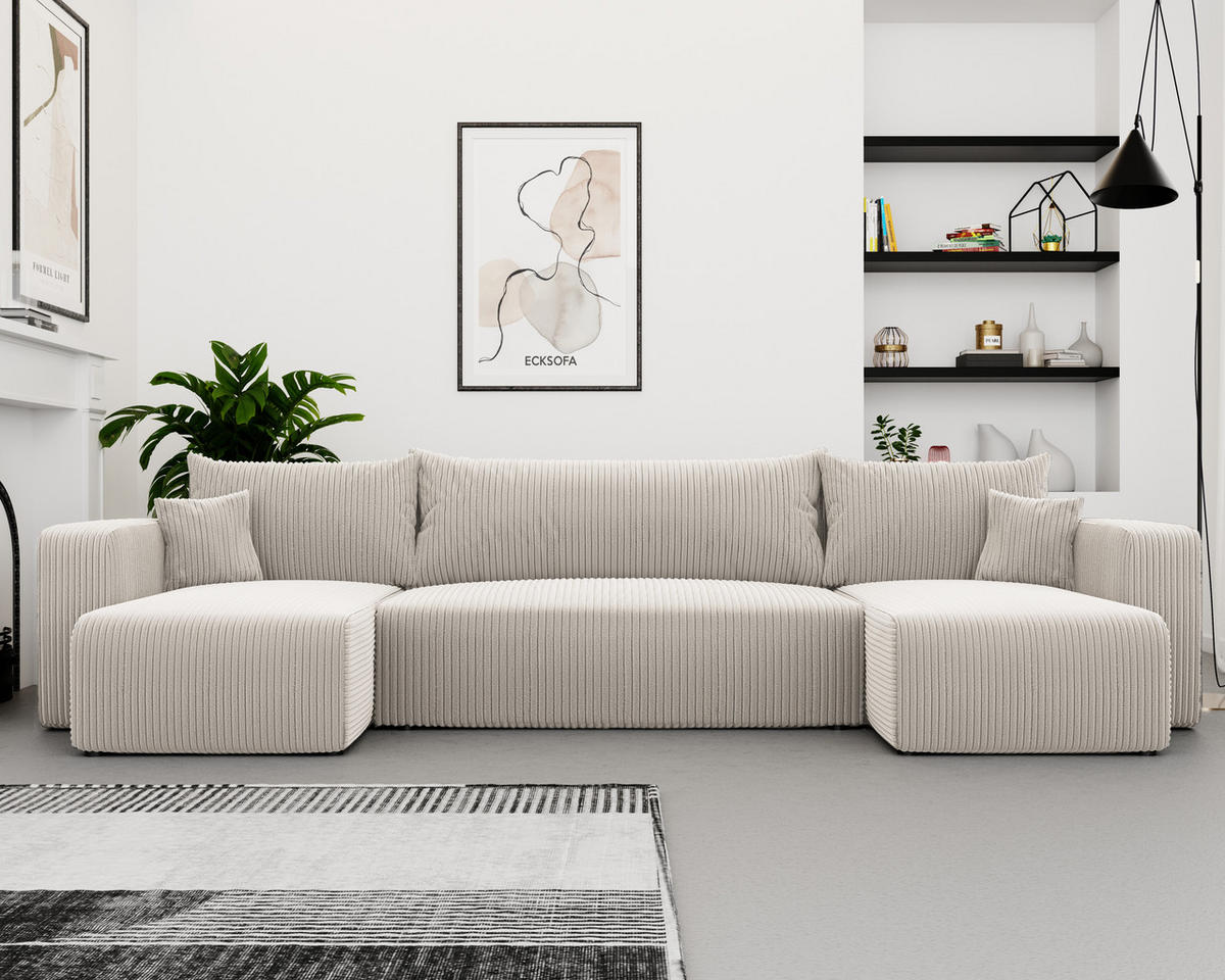 WOHNLANDSHAFT U-Form mit Schlaffunktion und Bettkasten, Beige - Beige, Holzwerkstoff/Textil (318/79/145cm) - Idohome