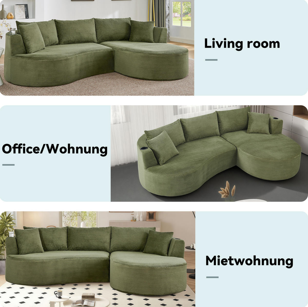 3-SITZER Sofa mit Getränkehaltern, bogenförmigem Design und Kissen, Grün - Grün, Kunststoff (264/76/168cm) - Redom