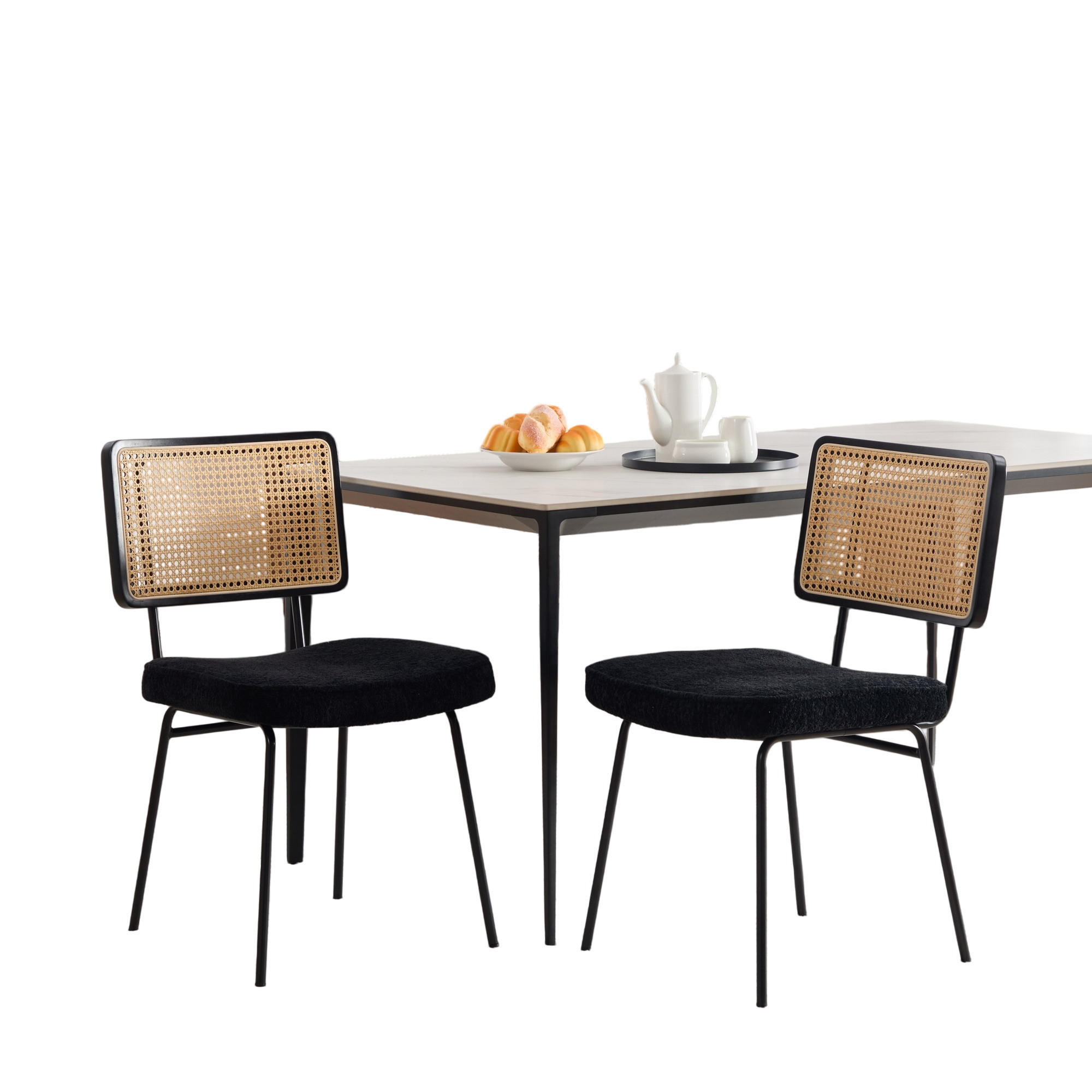 STUHL-SET DE-36881 2 Stück mit Chenille-Polsterung und Rattan-Opti Schwarz - Schwarz, Metall (58/82/47cm) - ComfortXL