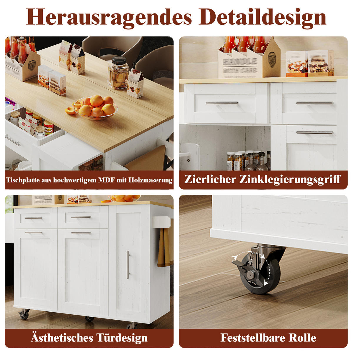 KÜCHENINSEL mit Klapptisch 110 x 46 cm Weiß - Weiß, Metall (74/92.5/134.5cm) - Beauniv