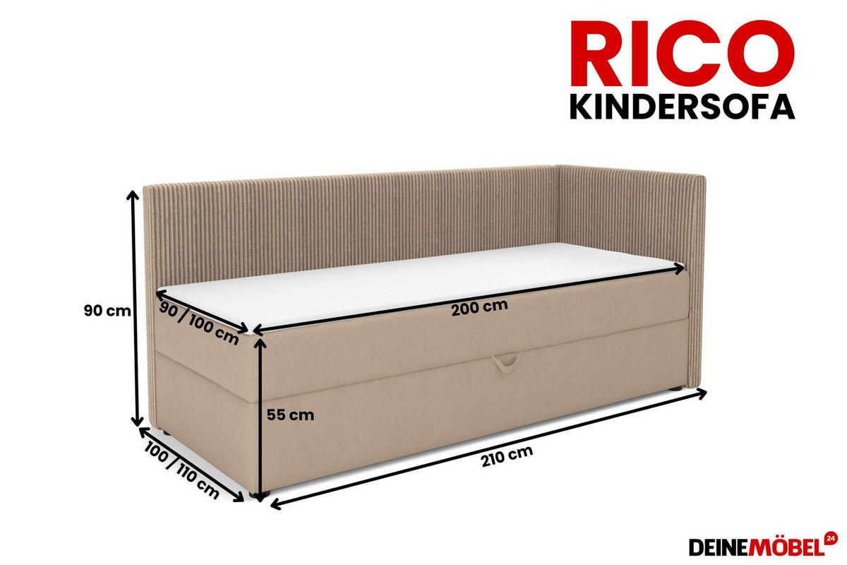BOXBETT RICO 90/200 in Cord/Velours Beige H3 rechts - Beige, Holz/Holzwerkstoff (90/200cm) - Deine Möbel 24
