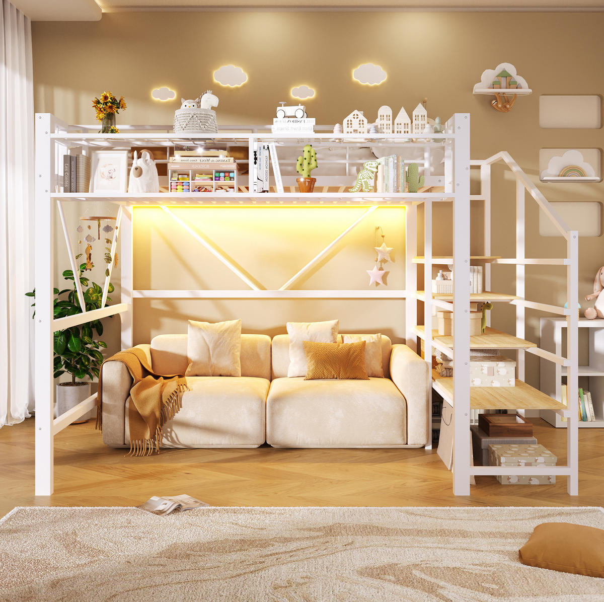 HOCHBETT 140/200 cm Weiß mit LED ohne Matratze - Weiß, Metall (140/200cm) - MIVRAY
