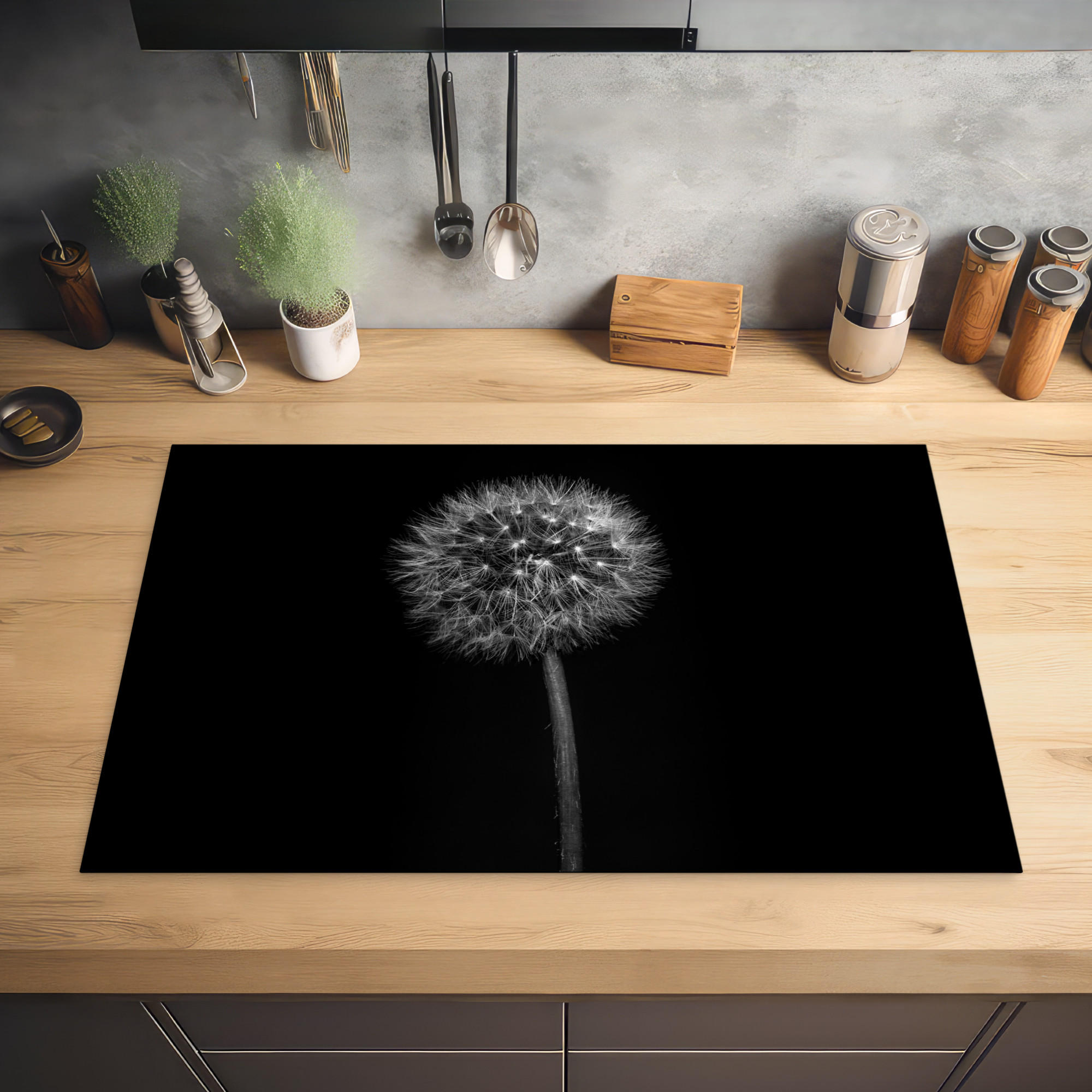 HERDABDECKPLATTE Löwenzahn - Schwarz - Floral - Botanisch 81x52 cm - Grau, Kunststoff (81/0.2/52cm) - MuchoWow