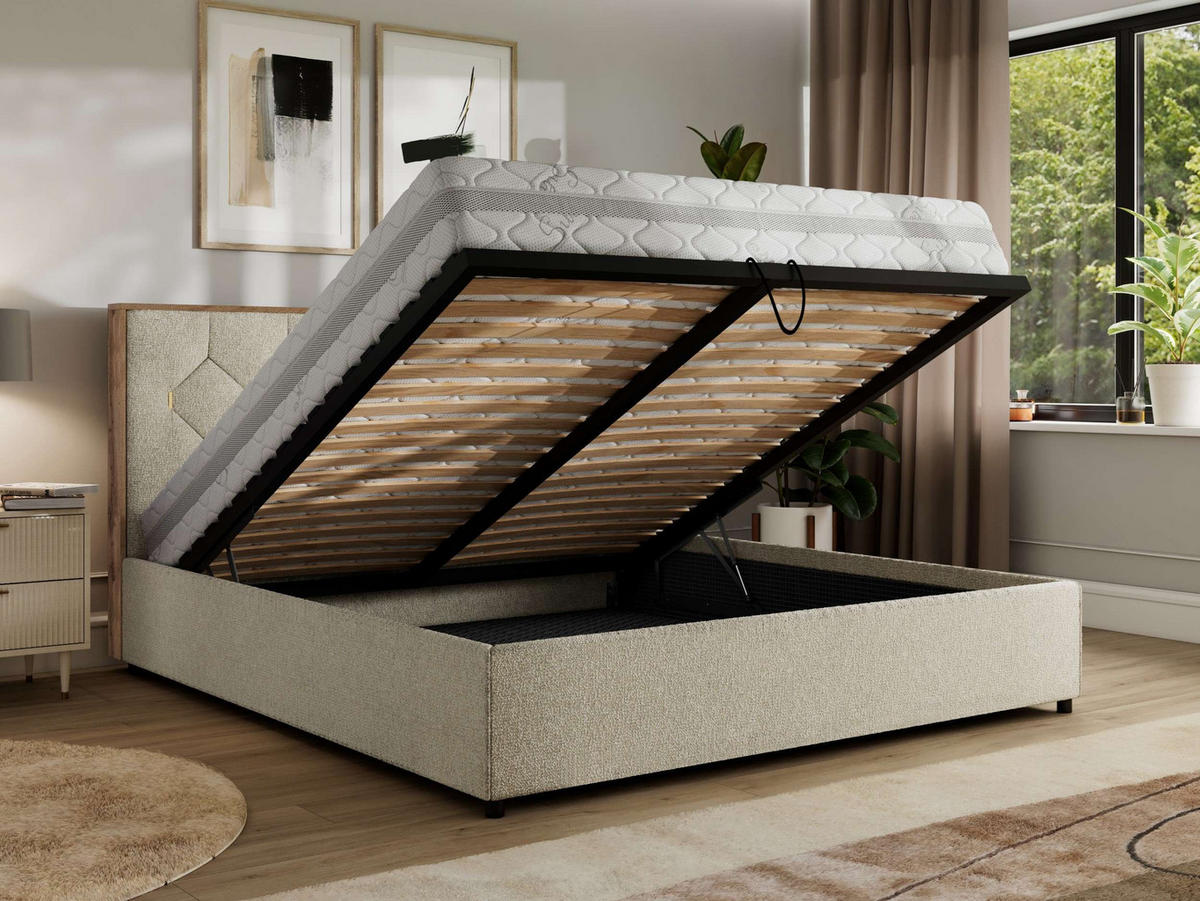 POLSTERBETT LARINO CLASSIC 140/200 - Creme Strukture - Schaum-Matratze - Creme, Textil (140/200cm) - MKS