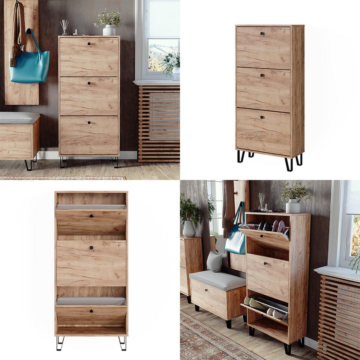 SCHUHKIPPER Siri Goldkraft Eiche 60 x 130 cm mit 3 Klappschubladen - Honigeiche, Holzwerkstoff (130/60/26cm) - Vicco