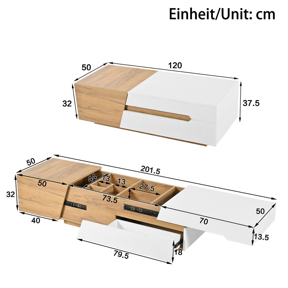 COUCHTISCH 120x50x37,5 Schubladen Farbblock Design - Weiß, Holz (120/50/37.5cm) - Kaket