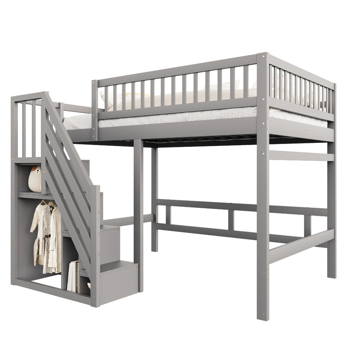 VYSOKÁ posteľ 140/200 cm sivá z dreva s úložnými schodmi a vysokou zábranou - sivá, kompozitné drevo (140/200cm) - OKWISH